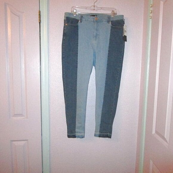 Black Tape Patchwork Denim Jeans Size 14 Stretch Kim Fringe High Rise Crop NWT - Picture 1 of 11